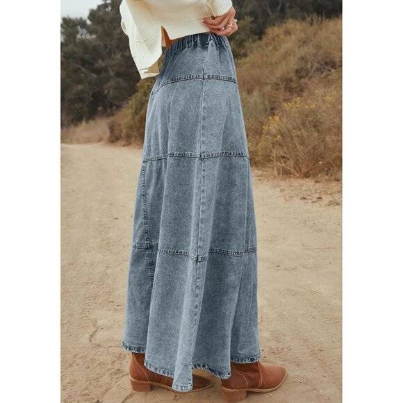 Stylish Tiered Denim Maxi Skirt in Retro Blue - High Waist for Comfortable Fit - Picture 4 of 5